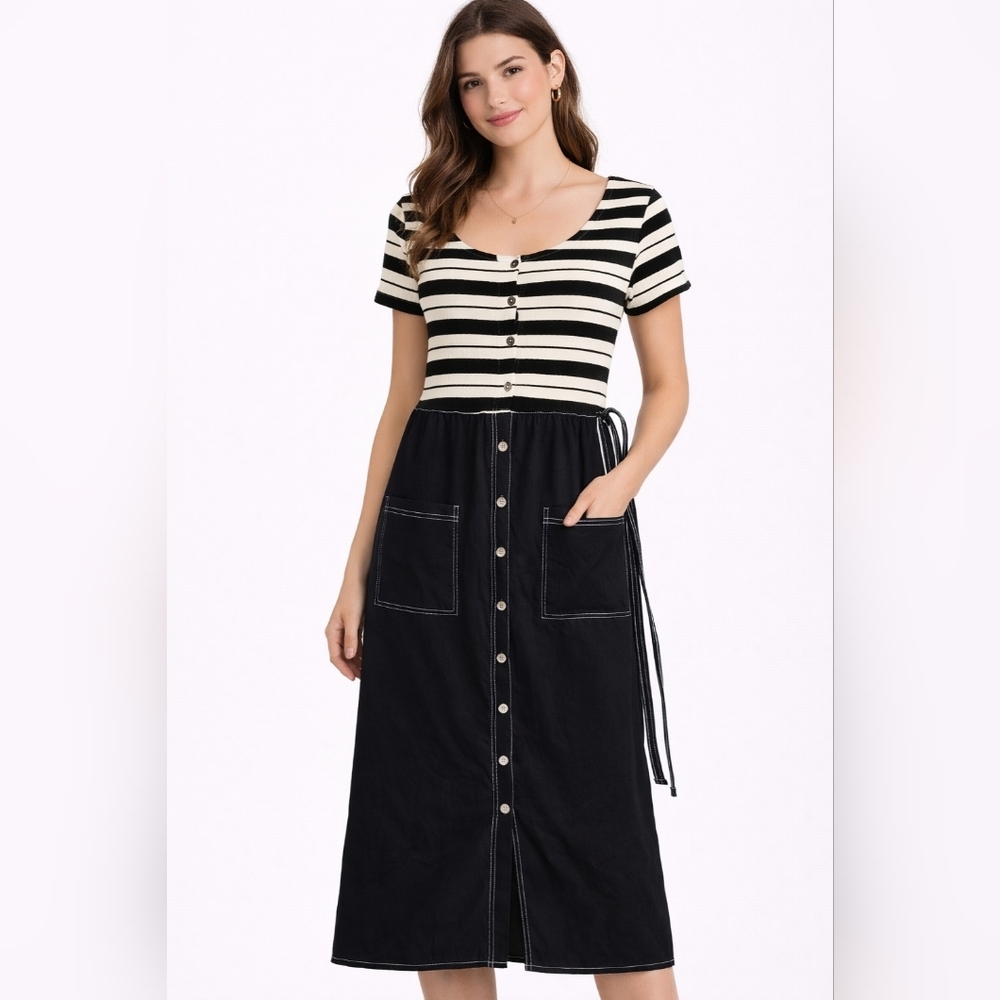 Vintage Y2k Striped Black and White Button-Down Dress Allison Gray Tie Back L